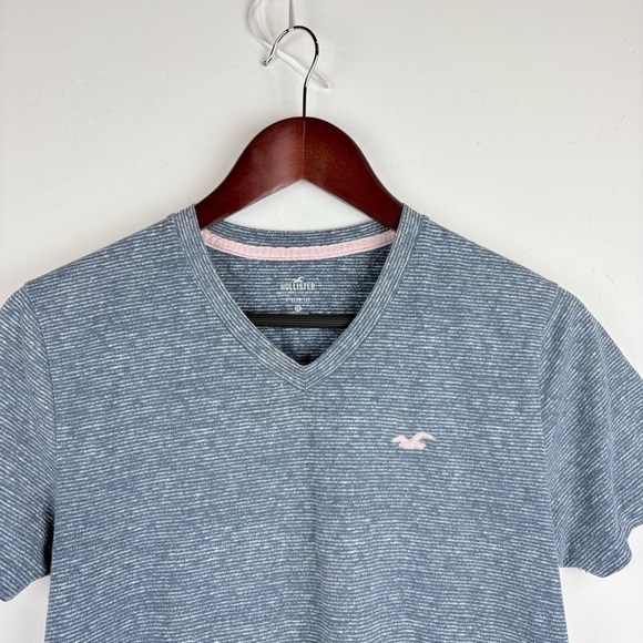 Hollister Men's V Neck Tee Shirt Striped Blue Pink Logo Casual Streetwear XS - Picture 4 of 10